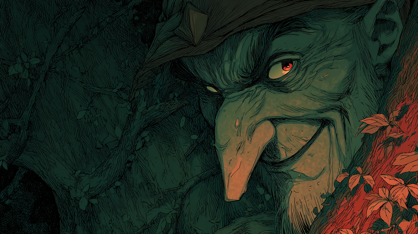 The giantess Thökk, who refused to weep for Baldur. She stands in a dark cave and smiles.